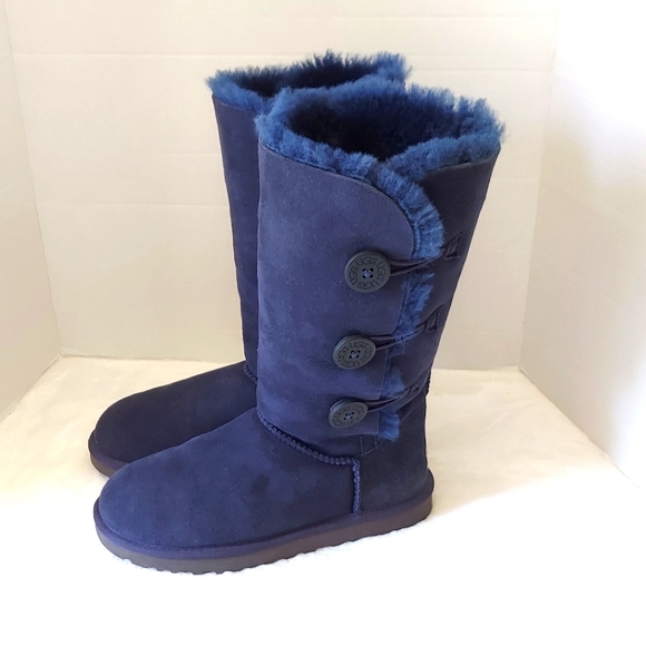UGG Shoes - UGG Navy Blue Suede Bailey Button Tall Shearling Lined Boots